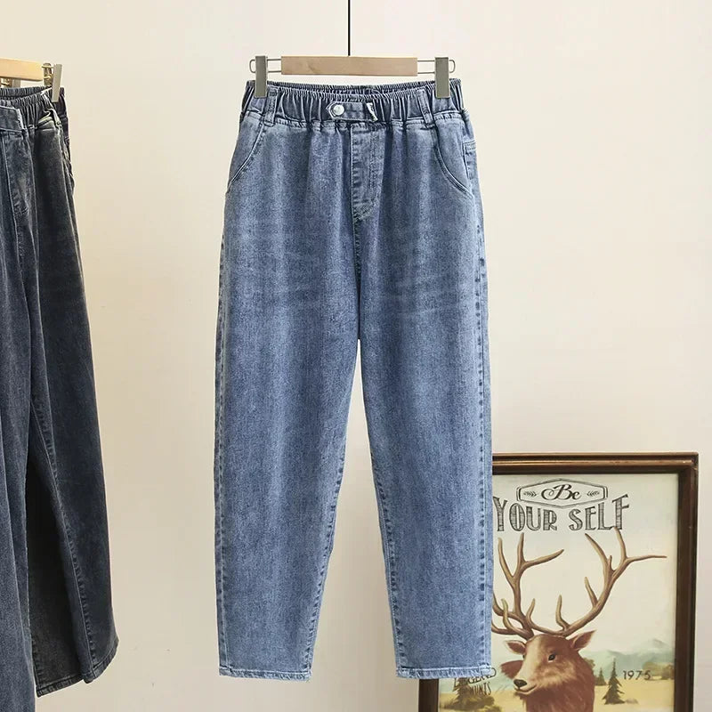 L-6XL Plus Large Size Baggy Jeans Women High Waisted Jeans Woman Mom Jeans Loose Denim Harem Pants Elastic Waist Blue