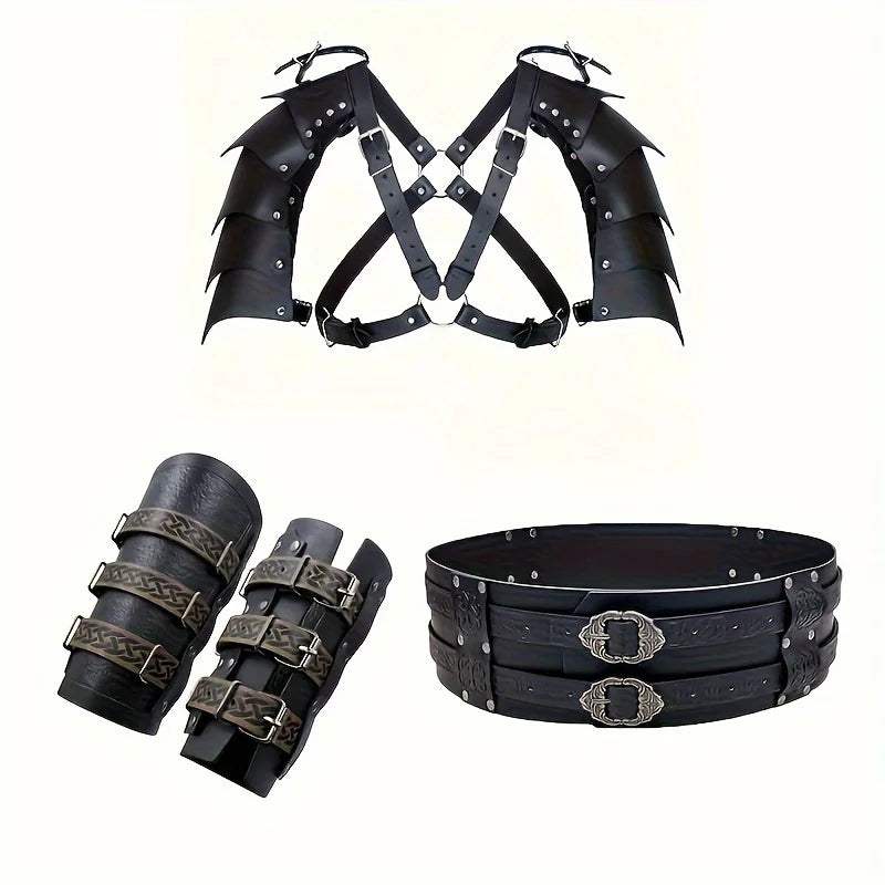 Medieval Leather Wide Waistband Brave Knight Role-Playing Viking Wristband Halloween Coplay Shoulder Armor Accessory Set