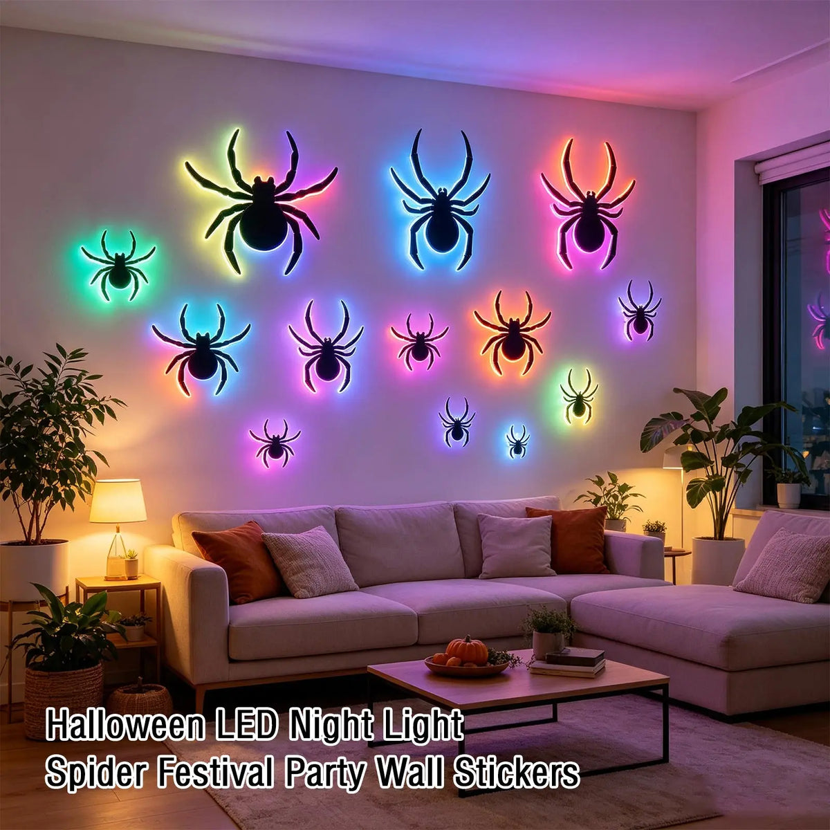 Halloween LED Night Light Spider-Themed Decals Glowing Spider Wall Sticker Party Holiday Decor Home Window Wall Decoration