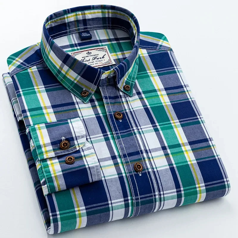 New Men's Pure Cotton Plaid Long Sleeve Shirt Spring Whole Cotton Casual Shirt Korean Style Slims Smooths Your Silhouette No Iro