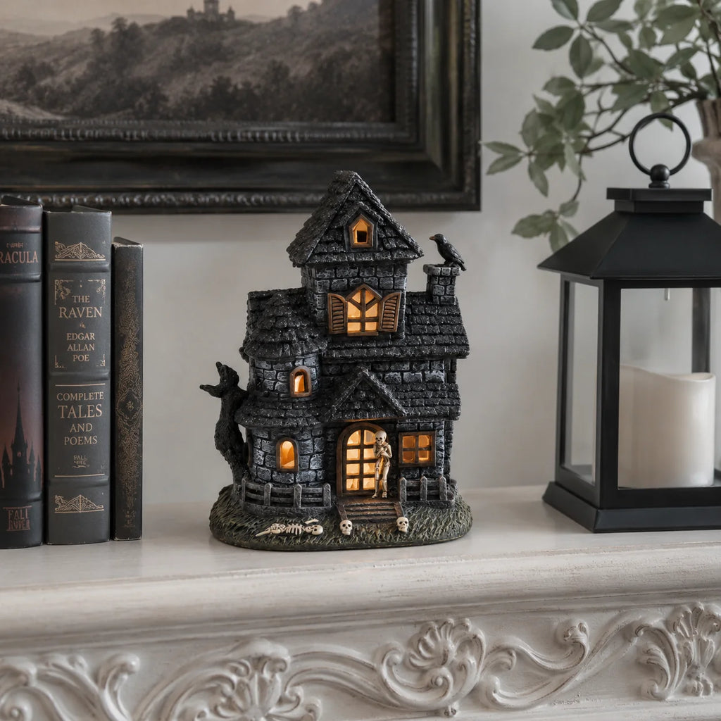 Halloween Lighted Haunted House Resin Figurine with Skeleton & Crow, Spooky Tabletop Ornament for Home Party Decoration