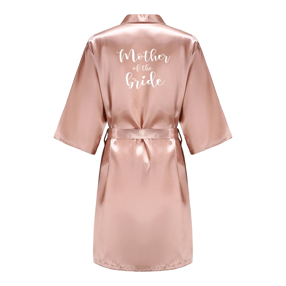 Women's Satin Kimono Robes With White Letter Bride Bridesmaid Short Getting Ready Wedding Dressing Gown