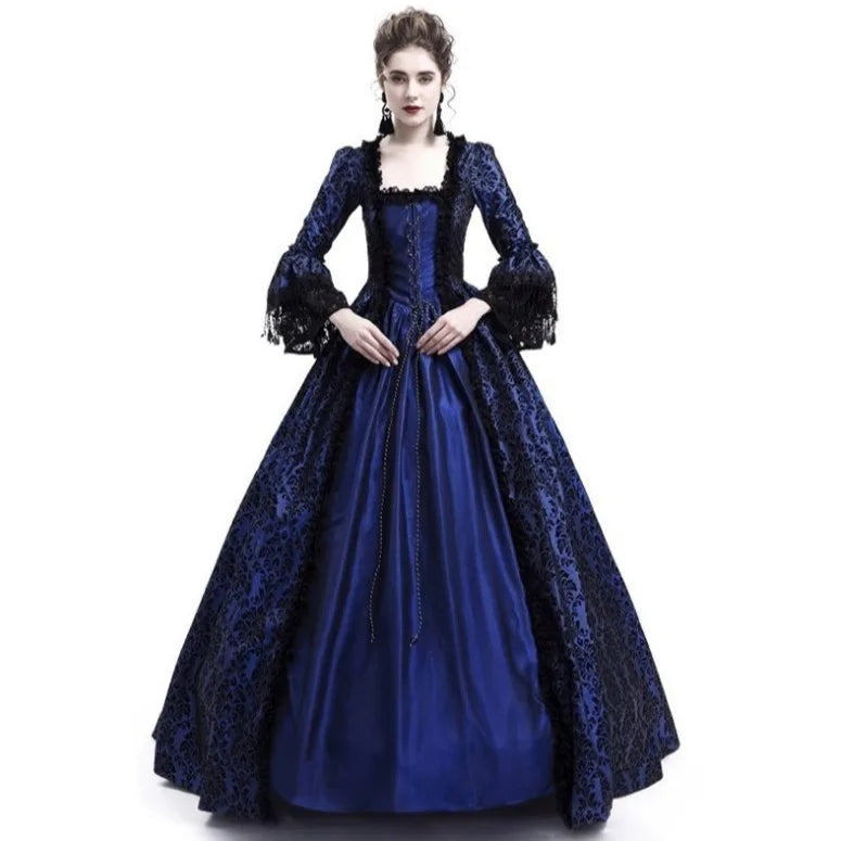 Medieval Victorian Court Lace Patchwork Gothic Dress Halloween Witch Cosplay Party Costume Square Neck Flare Sleeve Maxi