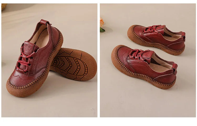 New real leather handmade shoes for women all season oxfords flats woman laced up moccasins cozy mom boat shoes round toe flats