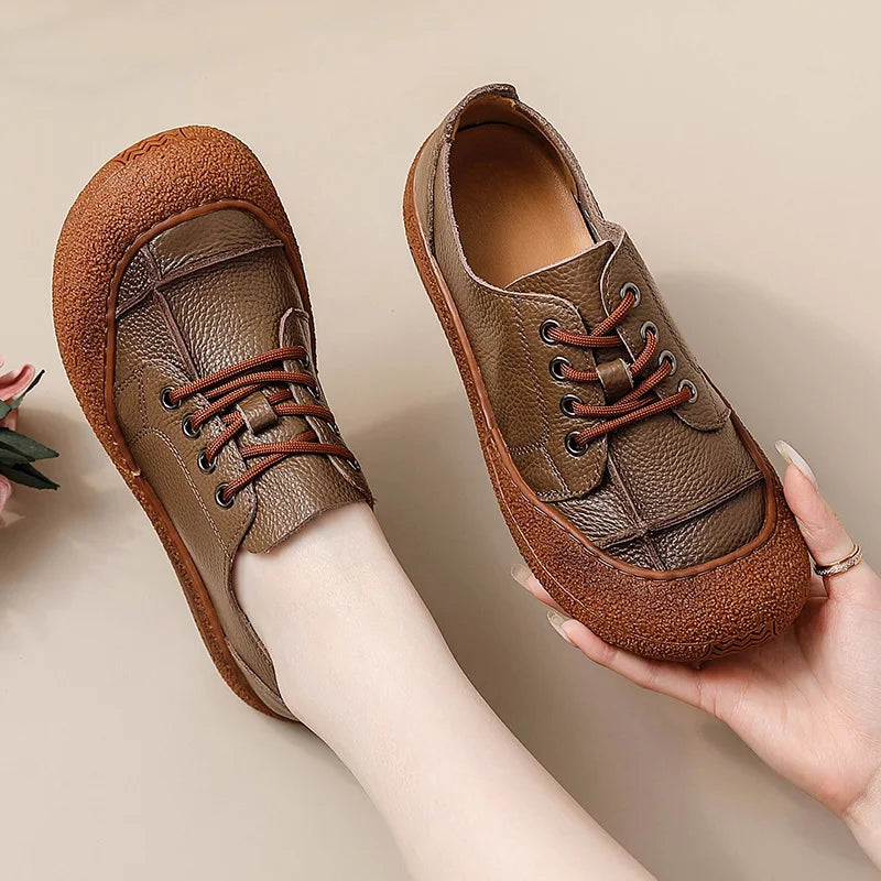 New real leather handmade shoes for women all season oxfords flats woman laced up moccasins cozy mom boat shoes round toe flats