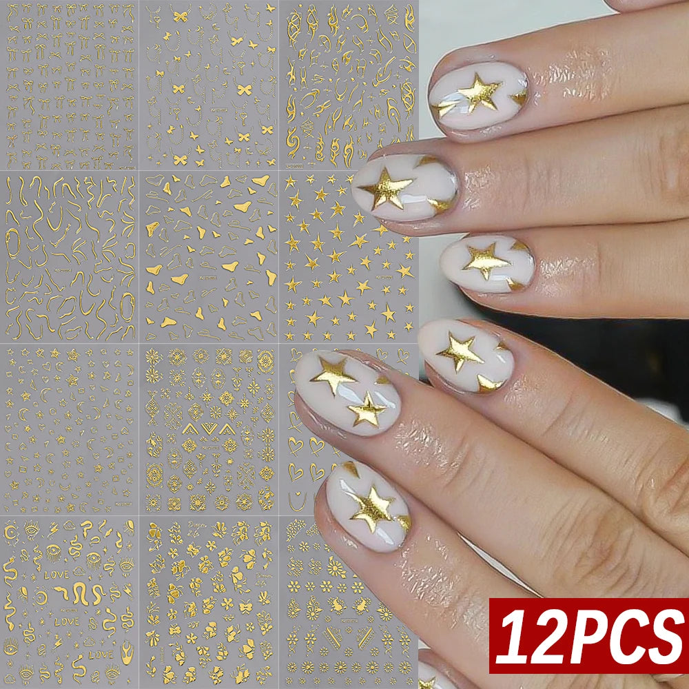 12Pcs 3D Laser Silver Star Heart Geometry Lines Nail Stickers Pentagram,Moon,Snake,Flower Slider Self-adhesive Manicure Decals＆