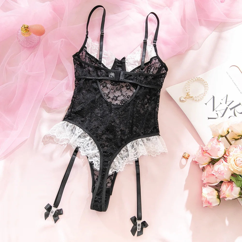 Sexy Crotchless Lingerie Women Hollow Sexiest Bodysuit Erotic Costumes Baby Doll Dress Elastic Porn Underwear Open Crotch Outfit