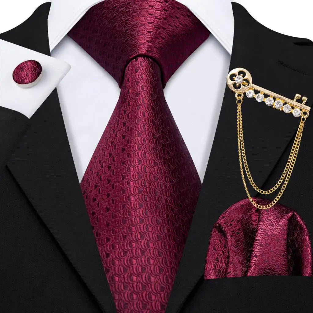 Burgundy Mens Tie Hanky Cufflinks Brooch Set Jacquard Red Wine Maroon Necktie Collar Pin For Male Wedding Events