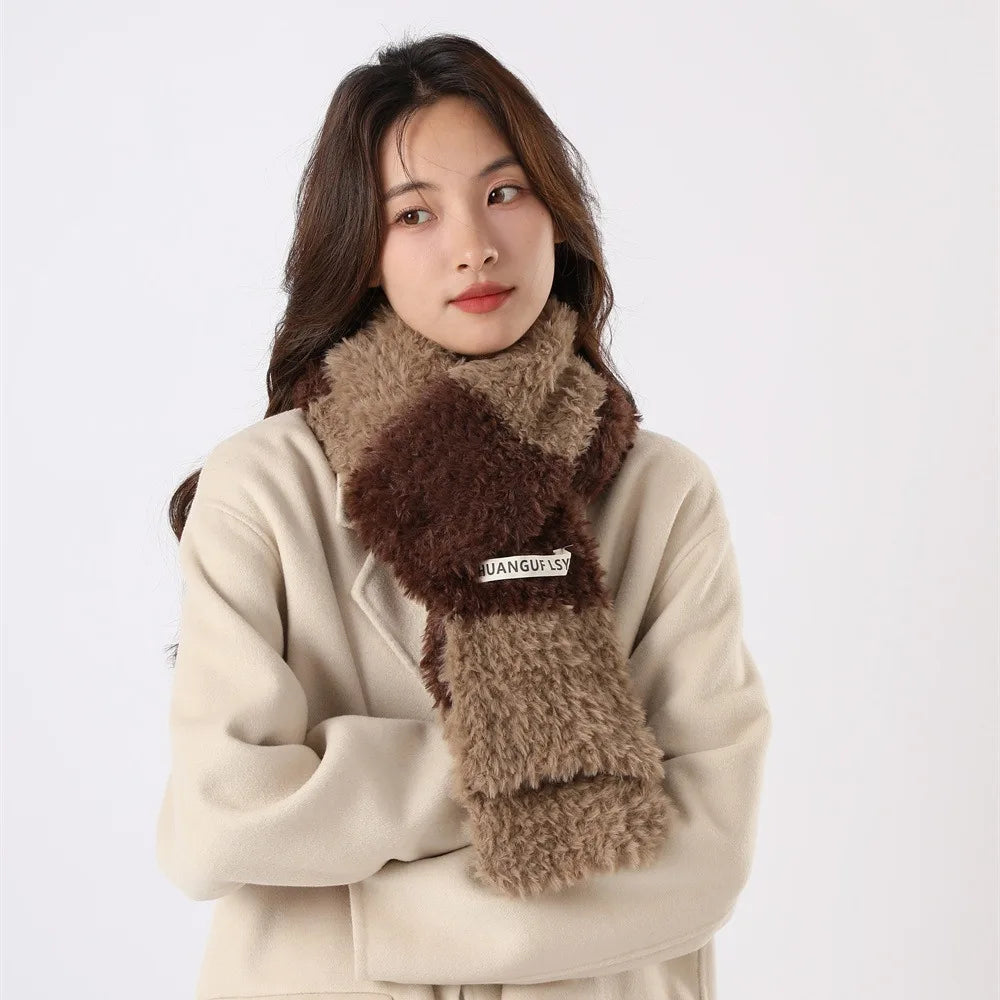Autumn and Winter Women's Warm Imitation Rabbit Hair Colored Checkered Scarf Thickened Wool Scarf Luxury Brand H179