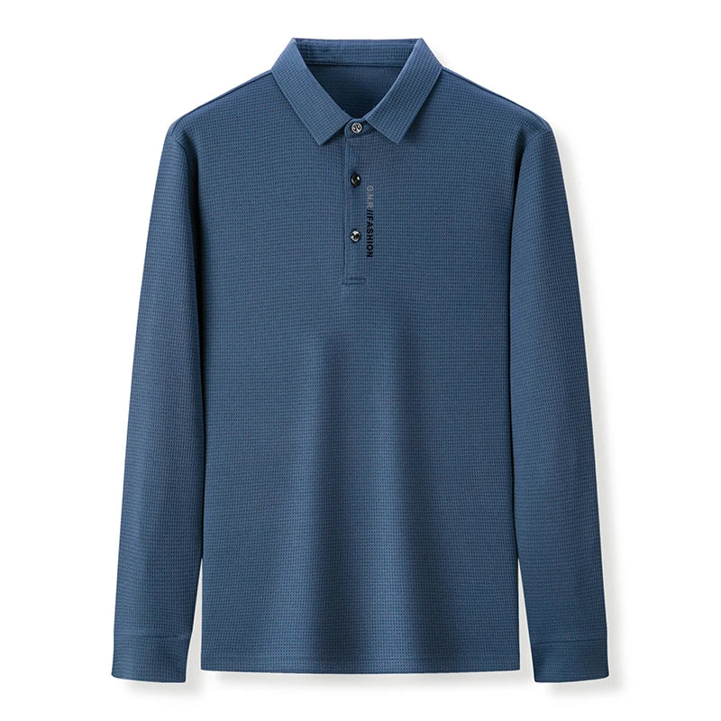 Men's Waffle Long Sleeved POLO Shirt with Letter Printed Lapel Casual Top