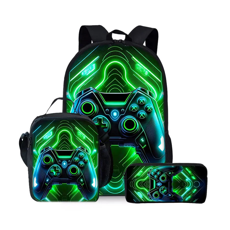 Game Console Pattern Three Piece Set Backpacks for Boy and Girls Best Gifts 2D Flat Cartoon School Backpack for Children