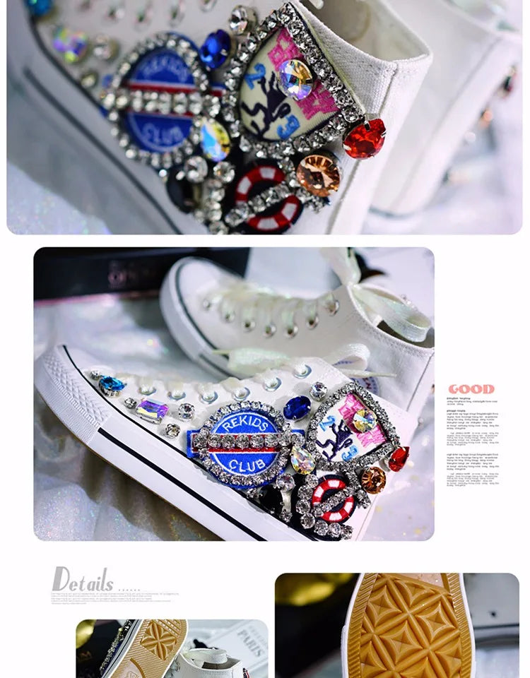 Woman Canvas Shoes Flat Platform Loafers Vulcanize Shoes Women Casual Classic Designer Brands Handmade Diamond Sneakers