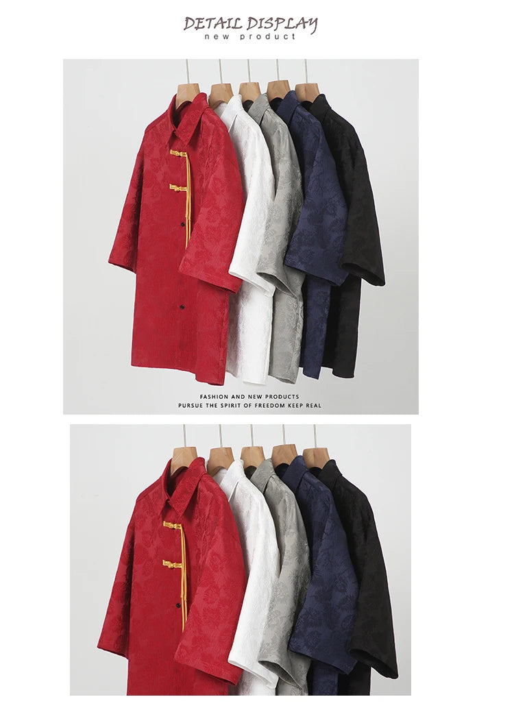 2024 Men Chinese Style Shirt Mens Tang Dress Hanfu Half-Sleeve Shirt Male Printing Kung Fu Outfit Loose Casual Tops
