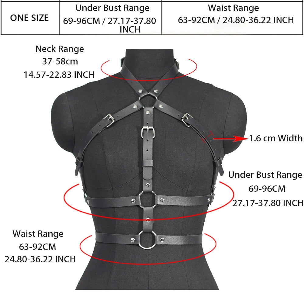 Women Punk Gothic Black PU Leather Chest‑Waist Harness Suspenders, Adjustable Decor Accessory for Rave Festival Halloween Cospla