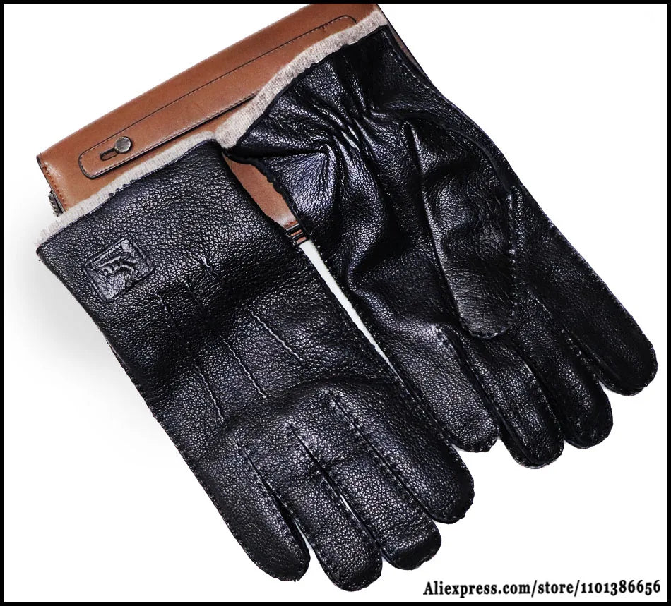 Men's and Women's High-end Buckskin Goat Leather Gloves Autumn and Winter Thin Warm Knitted Wool Lining Driving Leather Gloves