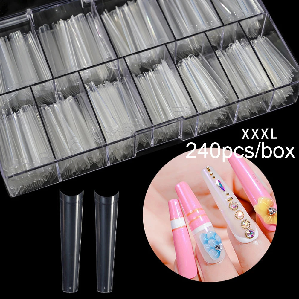 240Pcs 3XL Extra Long Coffin False Nails NO C-Curve Transparent Nail Tip 12 Size Half Cover Acrylic Nails Tips For Manicure Tool