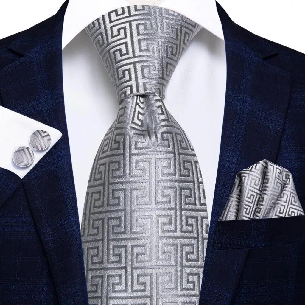 Hi-Tie White Grey Paisley 2026 New Mens Tie Hanky Cufflink Set Necktie For Men Wedding Party Business Men Tie Fashion Brand