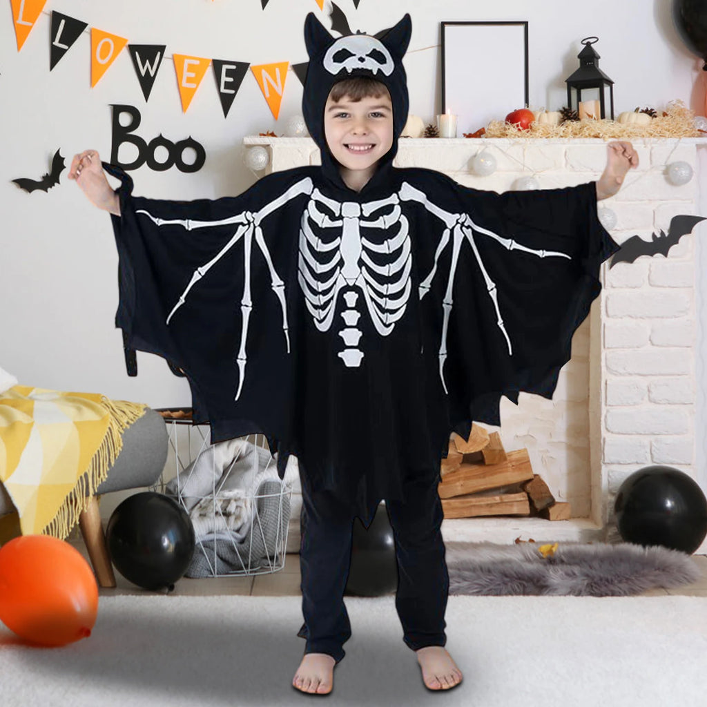 Halloween Costume for Boys Creative Skeleton/Bat Hooded Jumpsuit for Cosplay Party