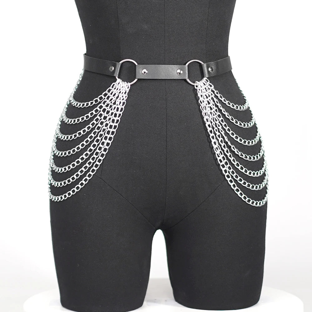 Women Punk Gothic PU Leather Waist‑Thigh Harness Garter Belt, Adjustable Chain Decor Accessory for Rave Festival Halloween Outfi