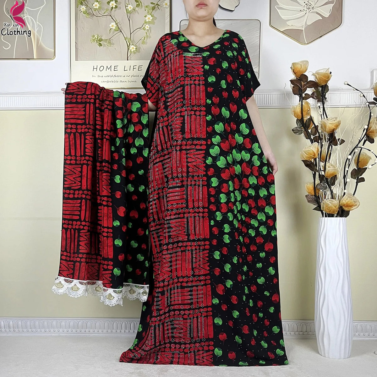 2025 New Summer Abaya Short Sleeve Dress With Big Scarf Printing Floral Loose Dress Islam Kaftan Women African Abaya Clothing