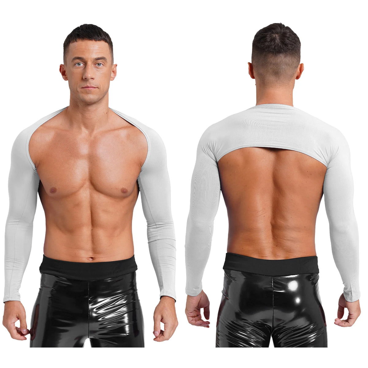 Men Open Front Half Crop Top Solid Long Sleeve Cardigan Bolero Shrug Tops Muscle Arm Sleeves Workout Sports Gym Tops Clubwear