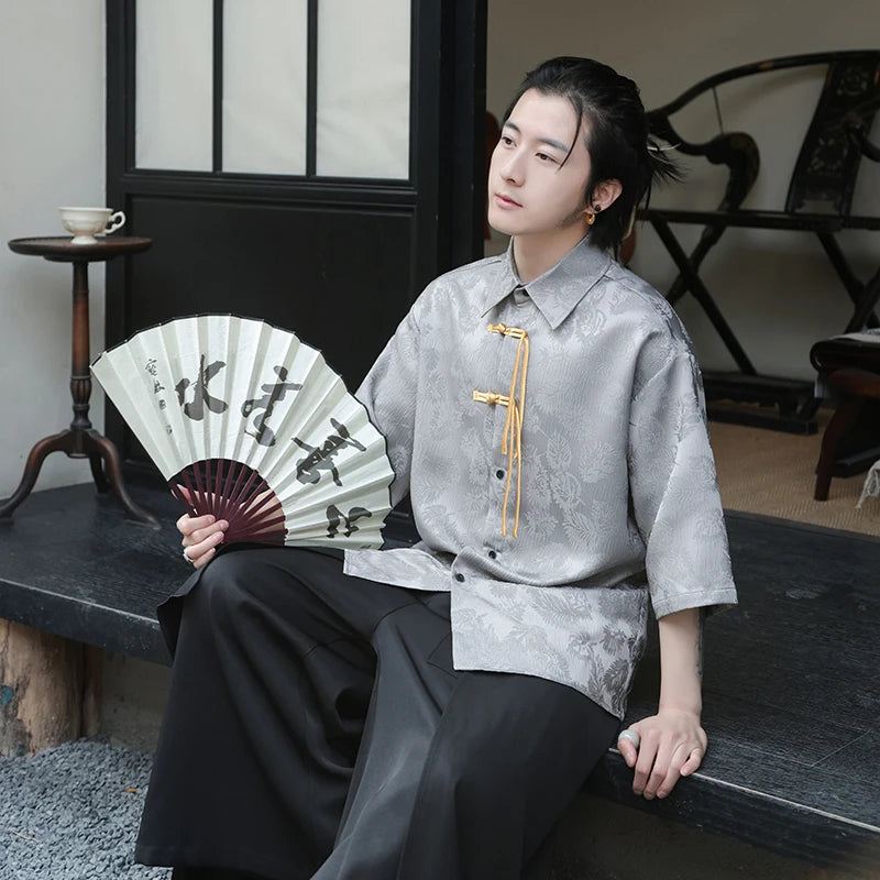 2024 Men Chinese Style Shirt Mens Tang Dress Hanfu Half-Sleeve Shirt Male Printing Kung Fu Outfit Loose Casual Tops