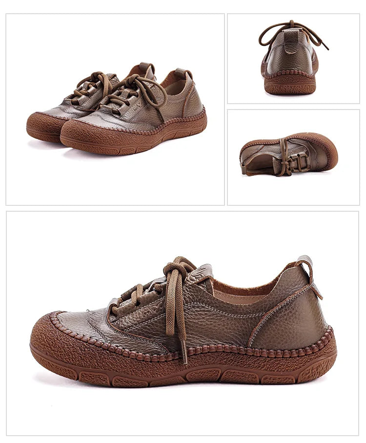 New real leather handmade shoes for women all season oxfords flats woman laced up moccasins cozy mom boat shoes round toe flats