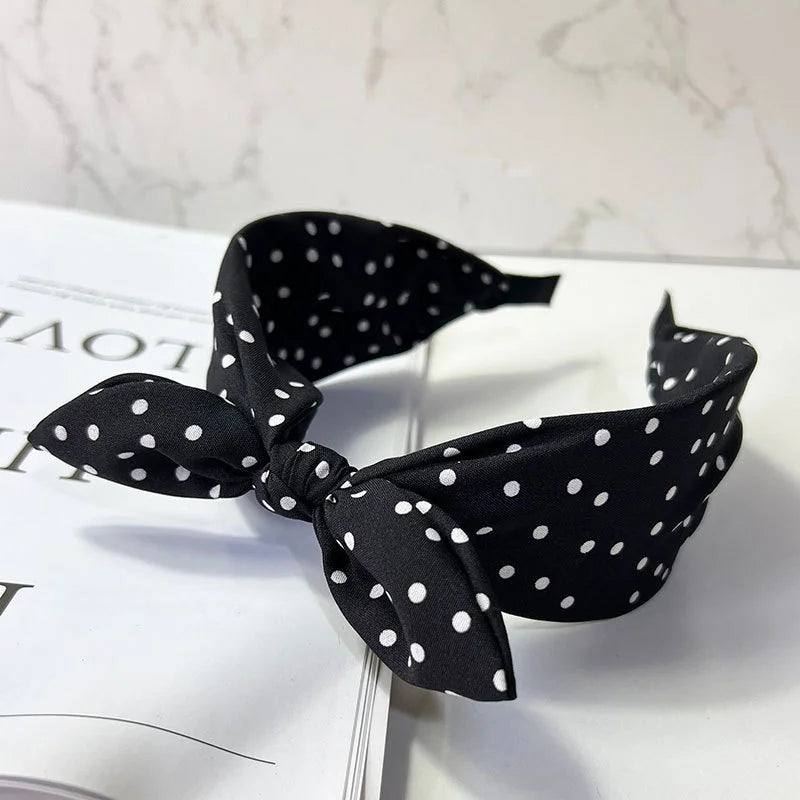 Chic Polk Dots Print Headband with Bunny Bowknot for Women Girls Daily Use Head Wears