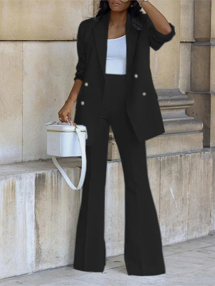 Fashion Wide-leg Trousers Women Blazer Set Autumn Winter Double-breasted Long Suit Coat Trousers Female Suit Office 2-piece Set