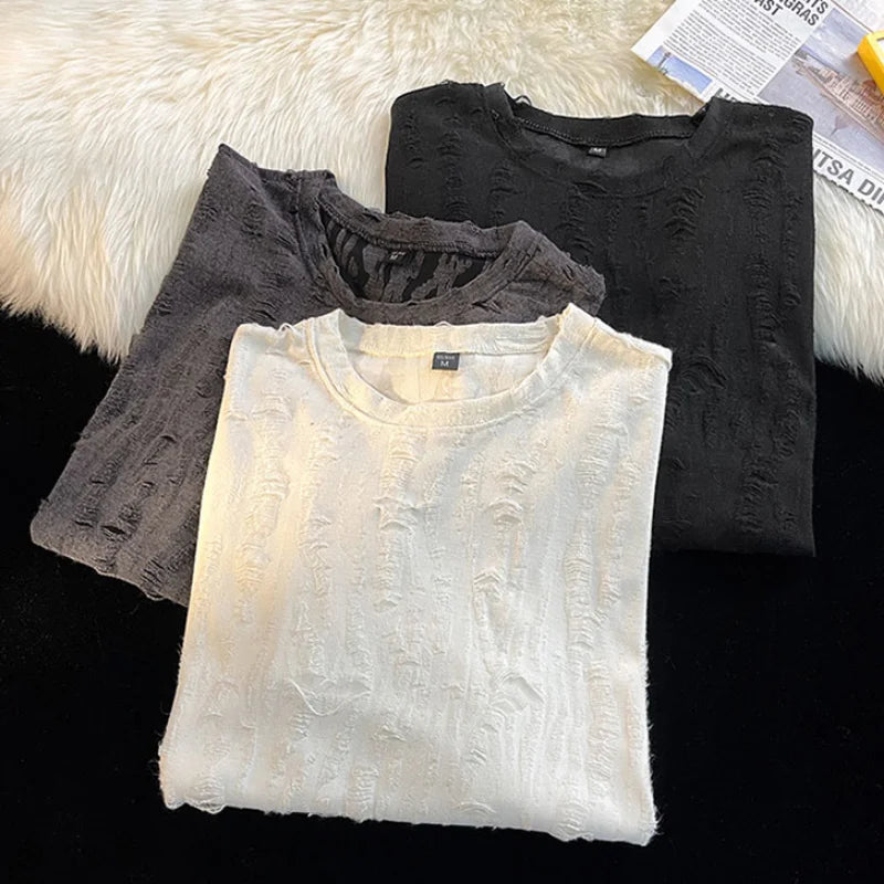 Ripped T-shirts Men Hole Y2k Tops Streetwear Summer O-neck Clothing Hip Hop Fashion Teens American Retro Vintage Футболки Baggy