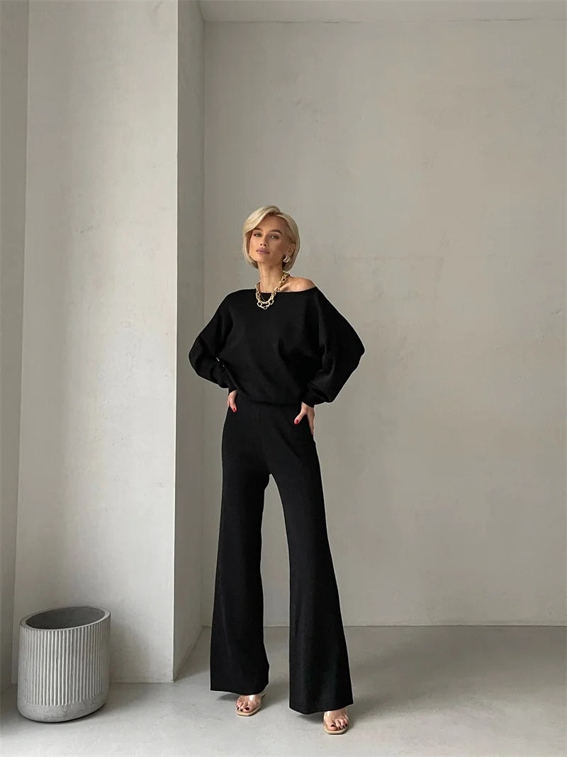 Elegant Winter Knit Pants Set Woman Sexy Loungewear 2 Piece Sweater Matching Sets Women Casual Knitted Two Piece Sets Women 2024