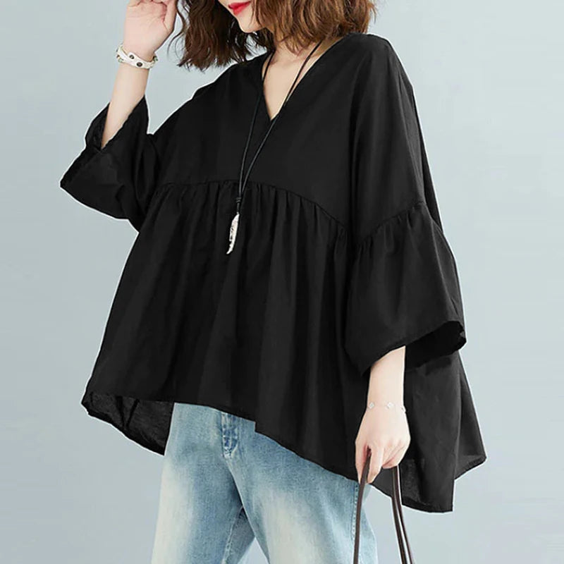 ZANZEA Women Summer Flare Sleeve Tops 2025 Casual Solid Color Blouse Fashion Pleating Tunic V-neck Shirt Loose Blusas Femininas