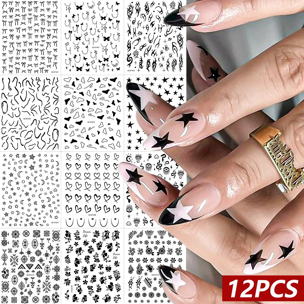 12Pcs 3D Laser Silver Star Heart Geometry Lines Nail Stickers Pentagram,Moon,Snake,Flower Slider Self-adhesive Manicure Decals＆