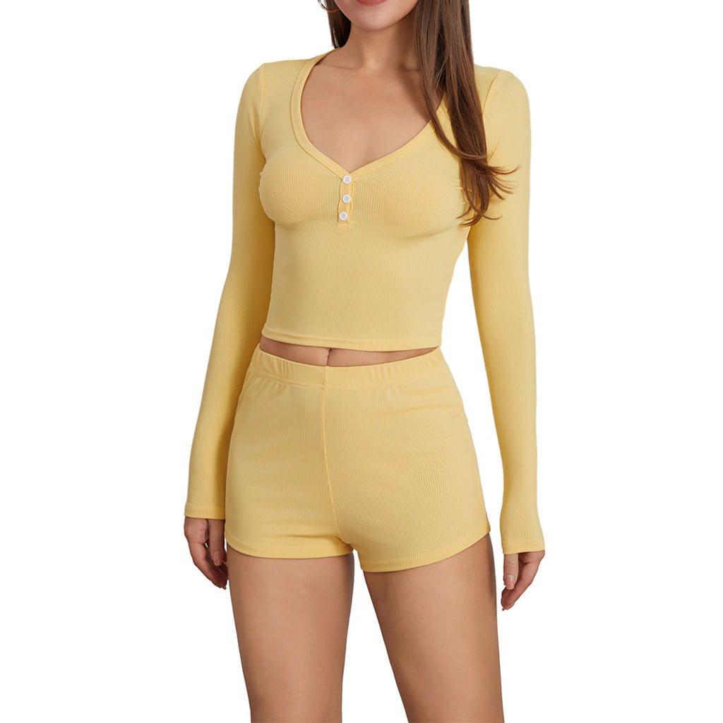 Women 2 Piece Pajamas Shorts Set Long Sleeve V Neck Button Down Cropped Tops Sexy Y2k Bodycon Shorts Pjs Loungewear Clothes