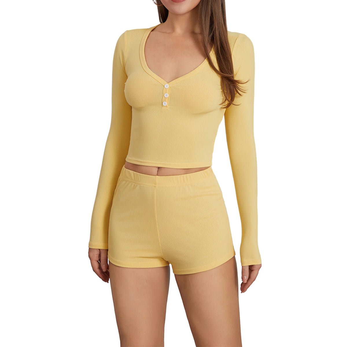 Women 2 Piece Pajamas Shorts Set Long Sleeve V Neck Button Down Cropped Tops Sexy Y2k Bodycon Shorts Pjs Loungewear Clothes
