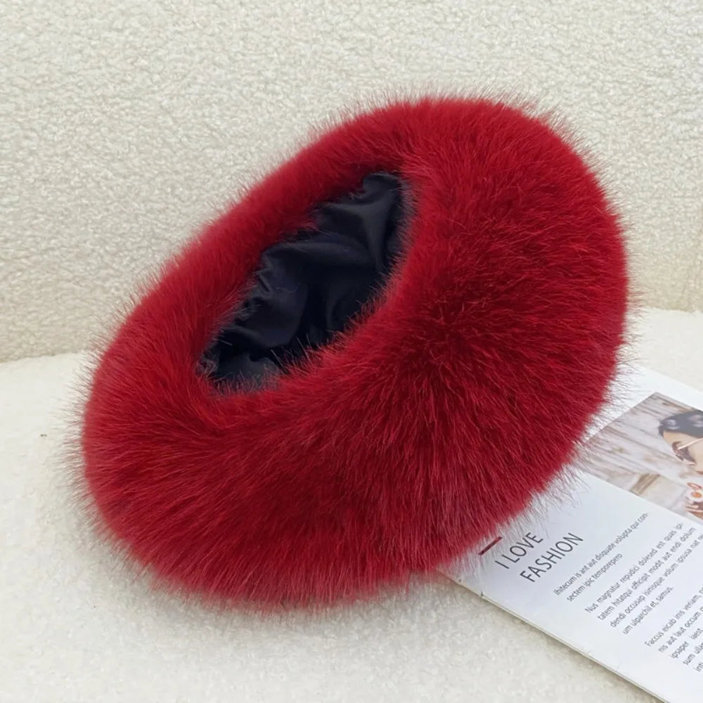 Fashion Thick Turban Hat Keep Warm Solid Color Wide Headwrap Imitation Fox Fur Elastic Ski Hats Winter