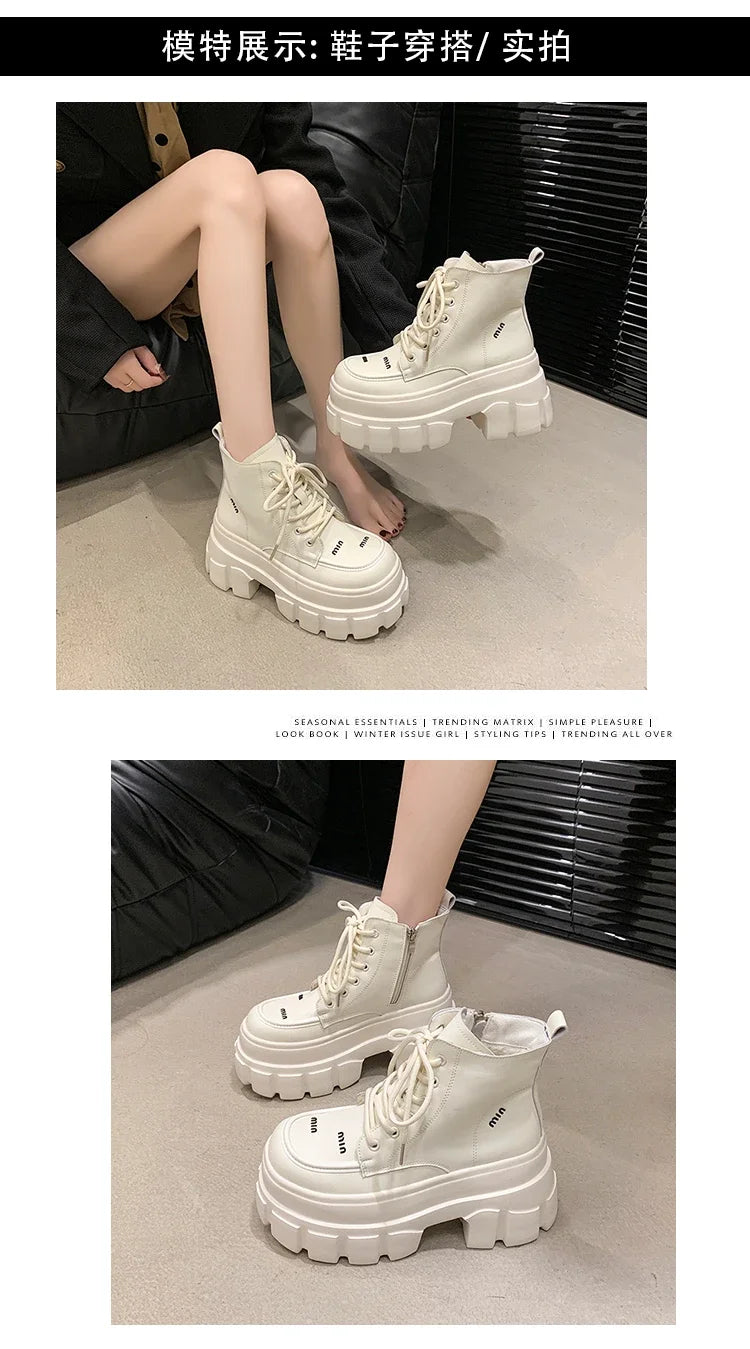9CM Autumn High Platform Leather Boots Wedge Heels Ankle Boots Winter Women Lace-up Warm Shoes Motorcycle Chunky Sneakers Woman