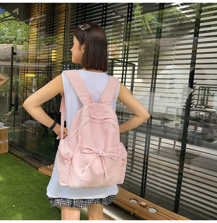 Japanese Style Student Backpack Solid Color Bow Travel School Bag Lightweight and Fashionable Women's Backpack New Simple Casual