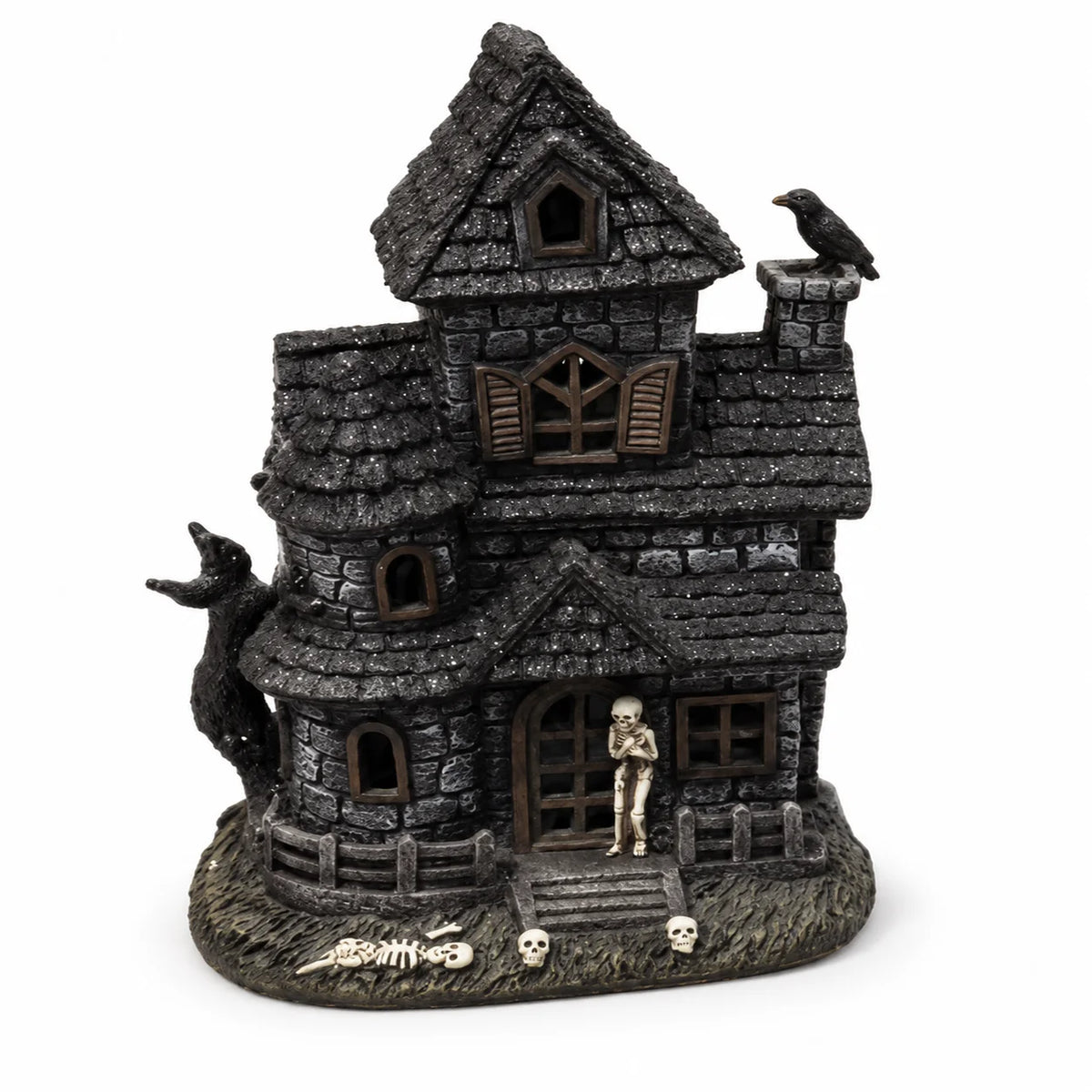 Halloween Lighted Haunted House Resin Figurine with Skeleton & Crow, Spooky Tabletop Ornament for Home Party Decoration