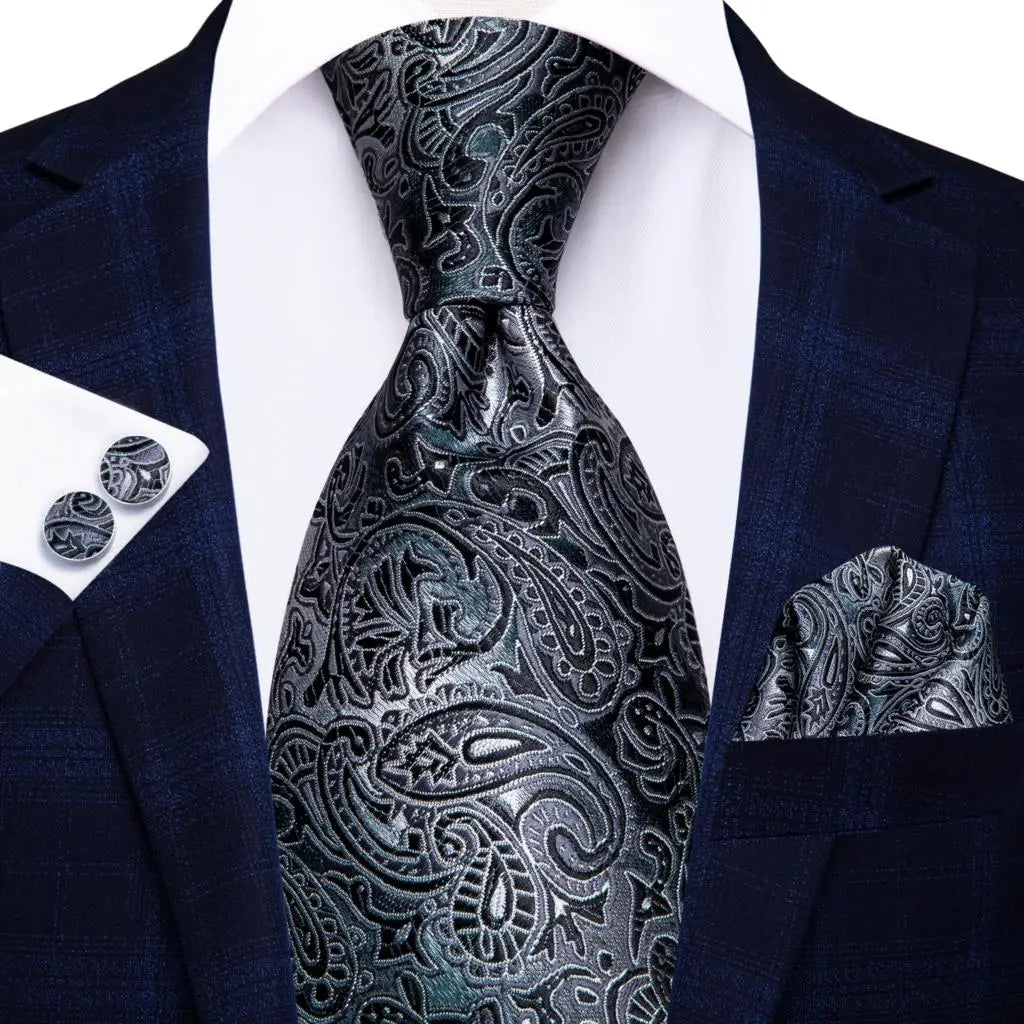 Hi-Tie White Grey Paisley 2026 New Mens Tie Hanky Cufflink Set Necktie For Men Wedding Party Business Men Tie Fashion Brand