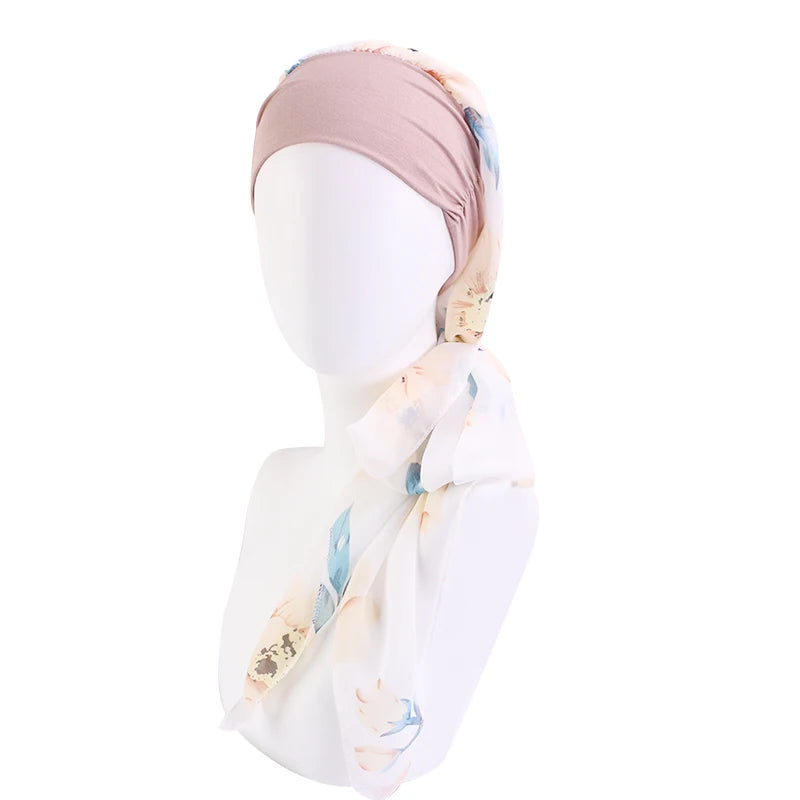 New Muslim Women Hijab Head Wrap Pre-Tied Headwear Cancer Chemo Flower Printed Elastic Turban Cover Hair Loss Head Scarf Bandana