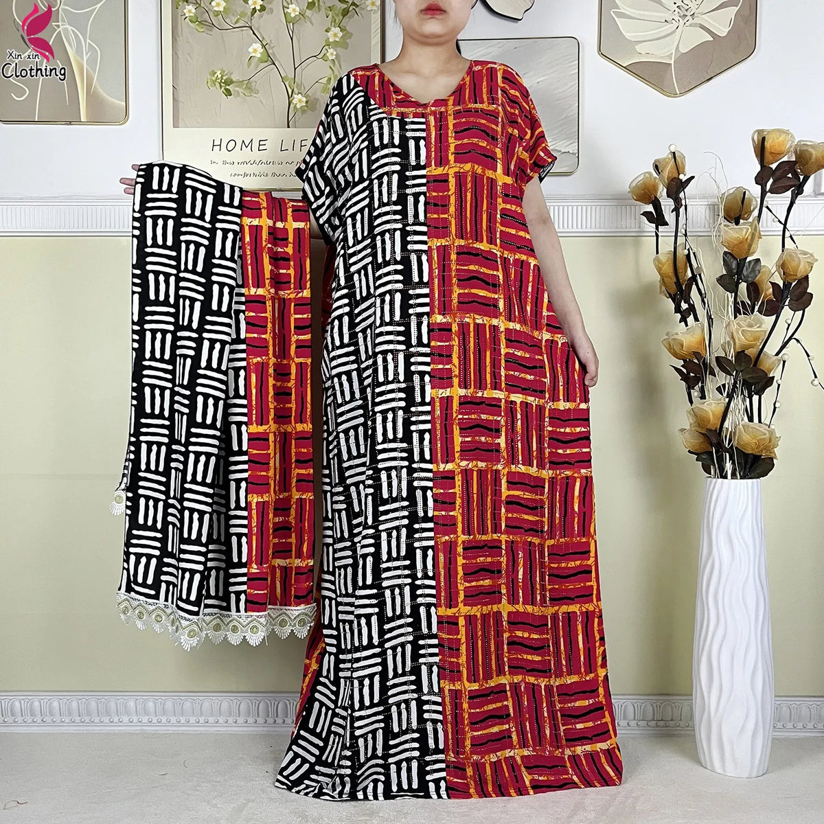 2025 New Summer Abaya Short Sleeve Dress With Big Scarf Printing Floral Loose Dress Islam Kaftan Women African Abaya Clothing