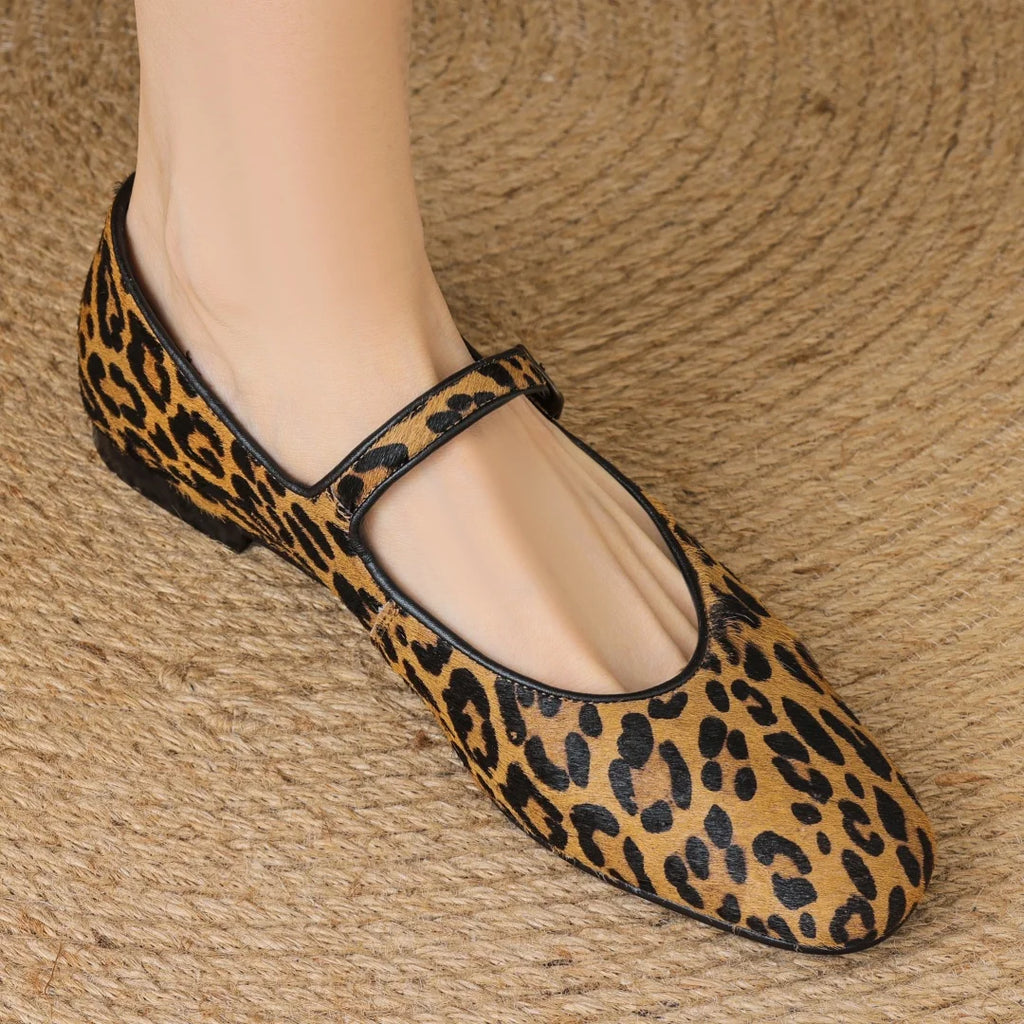 Plus size 34-43 women's leopard horsehair slip-on Mary Jane flats round toe casual female slim daily ballerinas shoes for woman