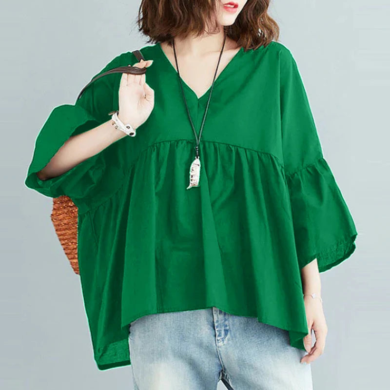 ZANZEA Women Summer Flare Sleeve Tops 2025 Casual Solid Color Blouse Fashion Pleating Tunic V-neck Shirt Loose Blusas Femininas
