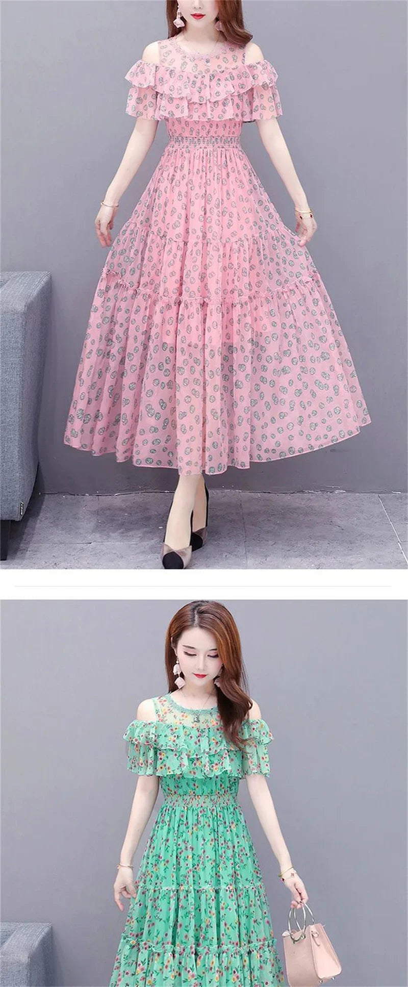 Mesh Chiffon Floral Print Dress Women 2024 New Summer Bohemian Beach Dress Long Off Shoulder Sexy Lady Party Dresses Vestidos