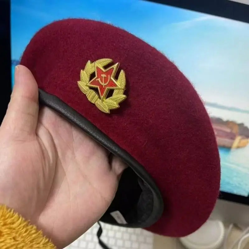 Russian Style Military Wool Beret - Soviet Airborne Hat with Embroidered Patch, Vintage Army Cap for Men Women