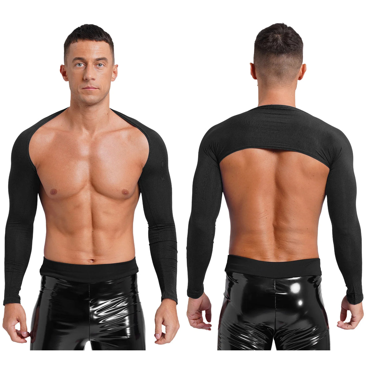 Men Open Front Half Crop Top Solid Long Sleeve Cardigan Bolero Shrug Tops Muscle Arm Sleeves Workout Sports Gym Tops Clubwear