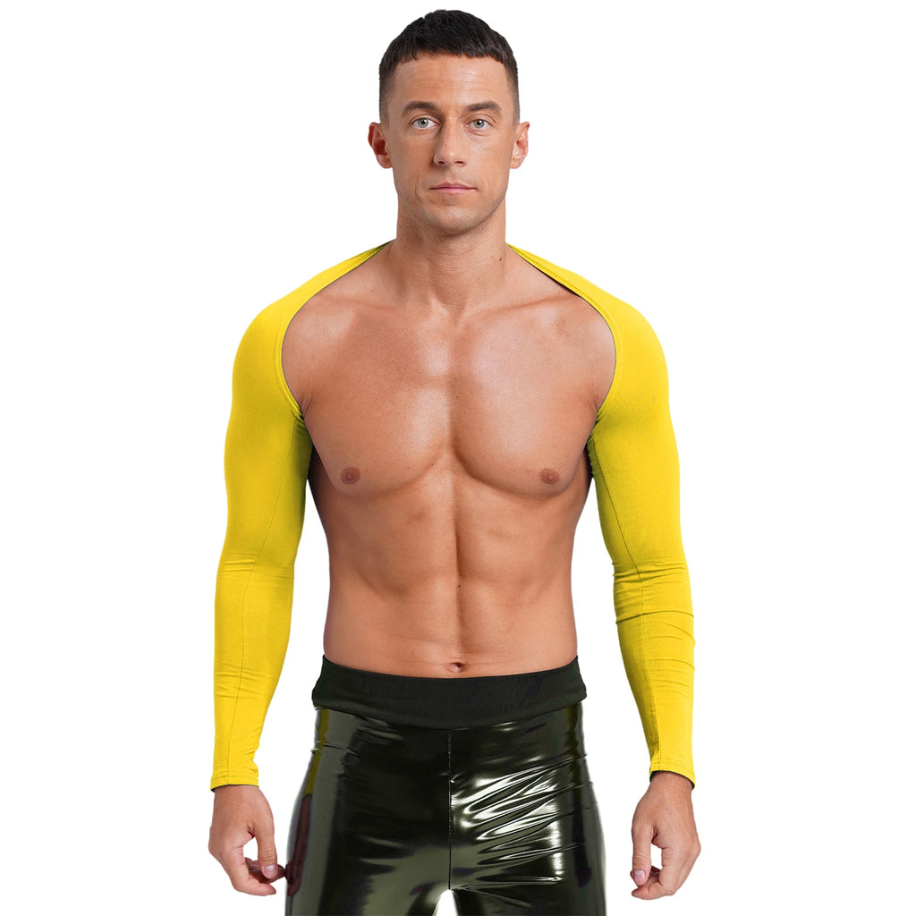 Men Open Front Half Crop Top Solid Long Sleeve Cardigan Bolero Shrug Tops Muscle Arm Sleeves Workout Sports Gym Tops Clubwear