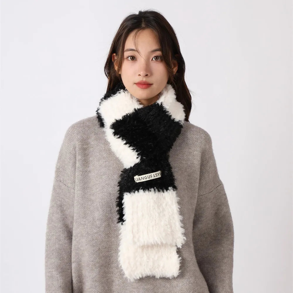 Autumn and Winter Women's Warm Imitation Rabbit Hair Colored Checkered Scarf Thickened Wool Scarf Luxury Brand H179