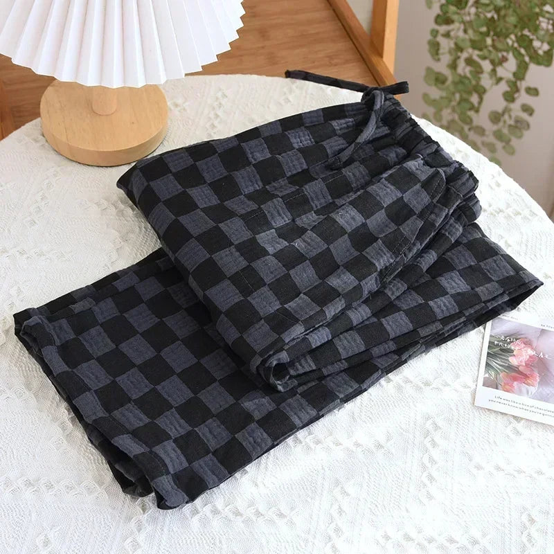 Spring New Pajamas Pants for Women Crepe 100% Cotton Loose Casual Straight Trousers Home Clothes Checkerboard Sleep Pants